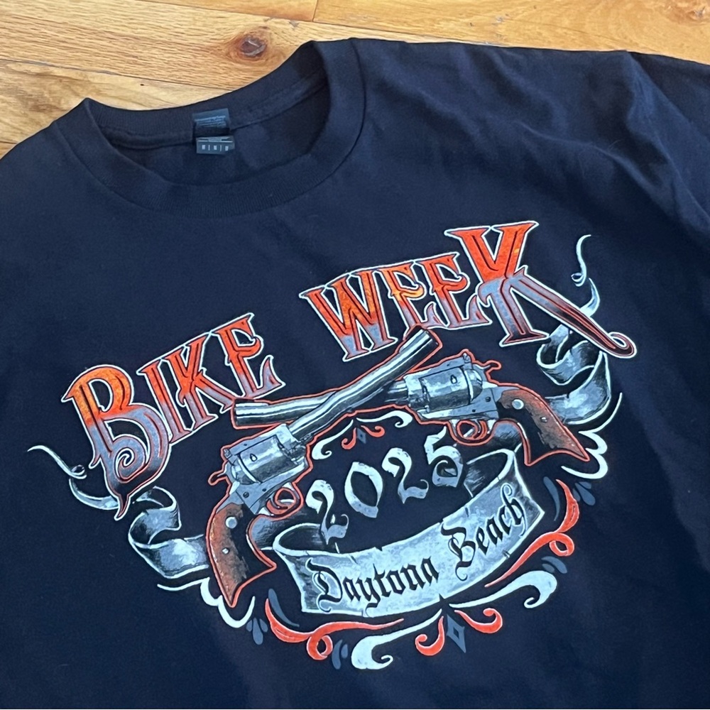 Gildan Black Bike Week Daytona Beach Skull Graphic Tee with Orange Accents - Picture 3 of 9